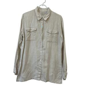 Lino by Chico's Womens Sz 1 Medium 100% Linen Beige Button Down Shirt Minimalist